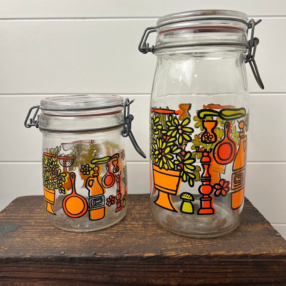 Hermetique Vintage 70's Bail Wire Hinge Canisters Mason Jars 1L 3/4L MCM orange